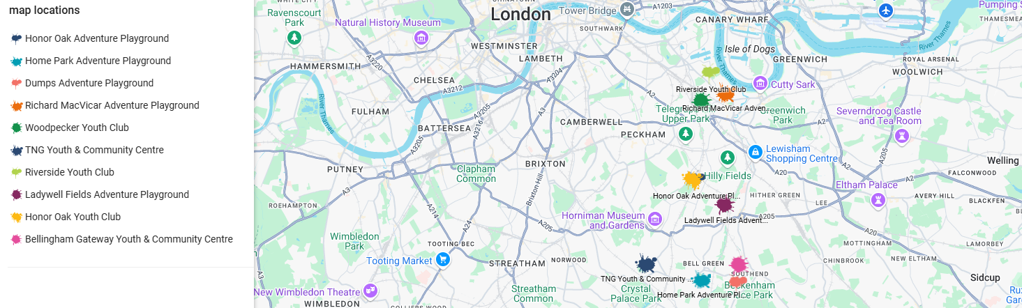 map of Lewisham youth clubs and playgrounds